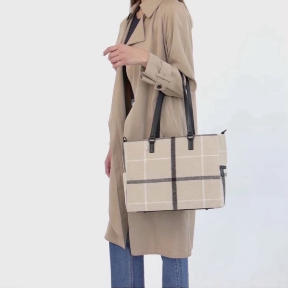 BEIS Beige Plaid Tote with Black Handles - Picture 2 of 16
